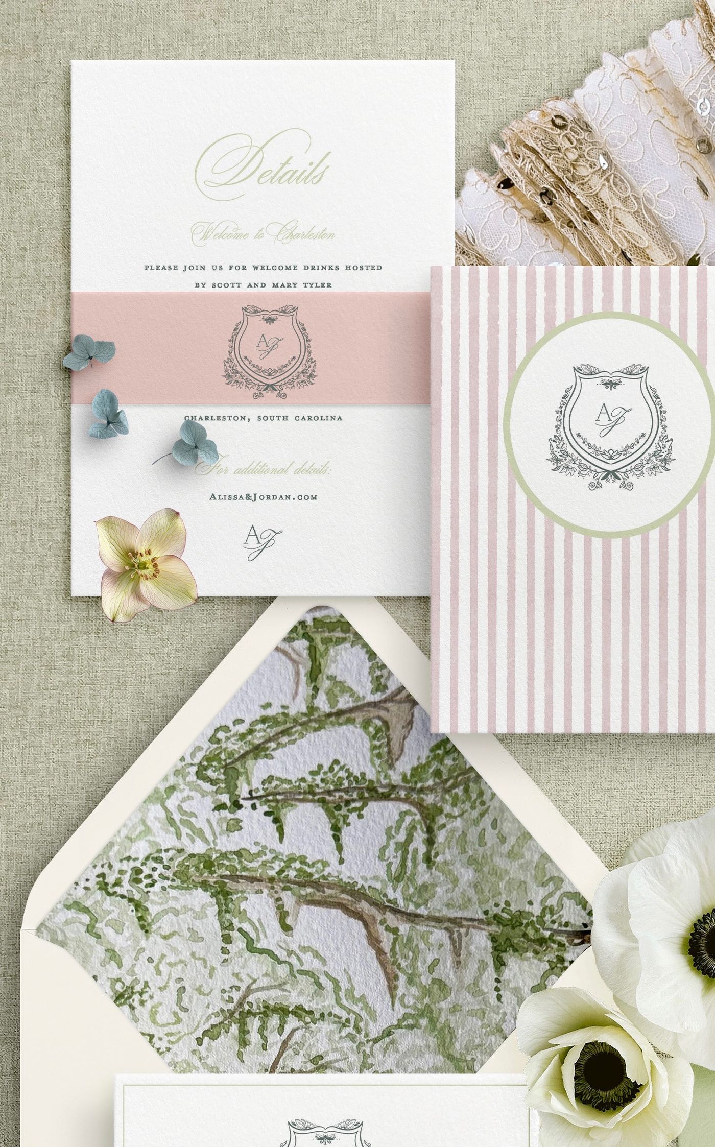 Welcome details card and watercolor live-oak liner from the Legare Waring House suite