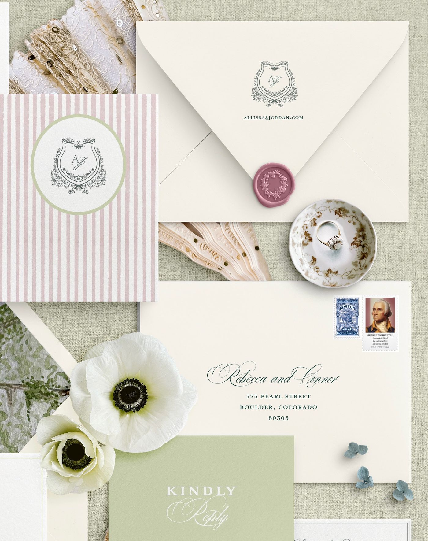 Wax-sealed envelope with custom crest for Legare Waring House wedding stationery