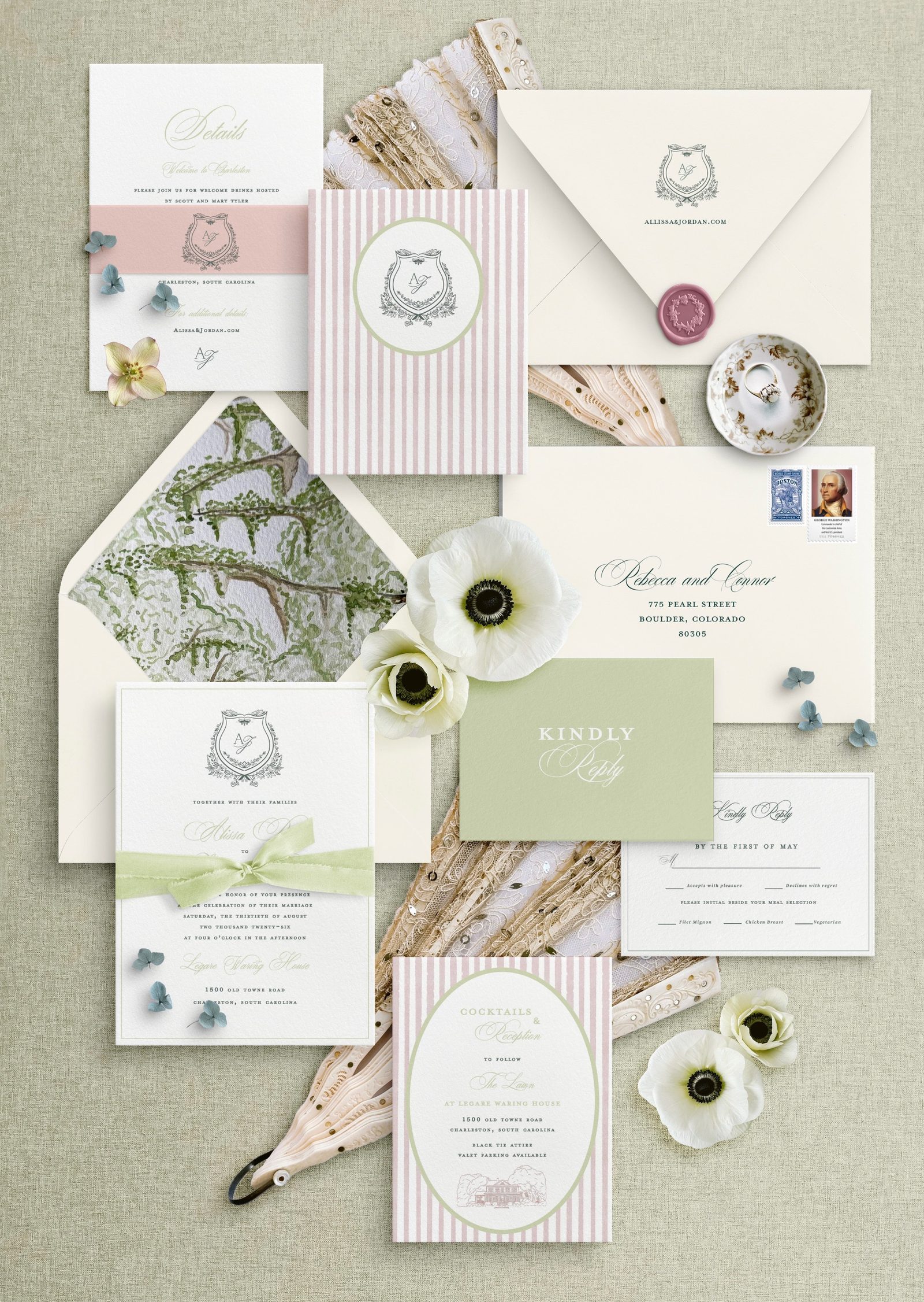 Full Legare Waring House Charleston wedding invitation suite with custom crest, watercolor live-oak liner, silk ribbon, and blush stripe reception card