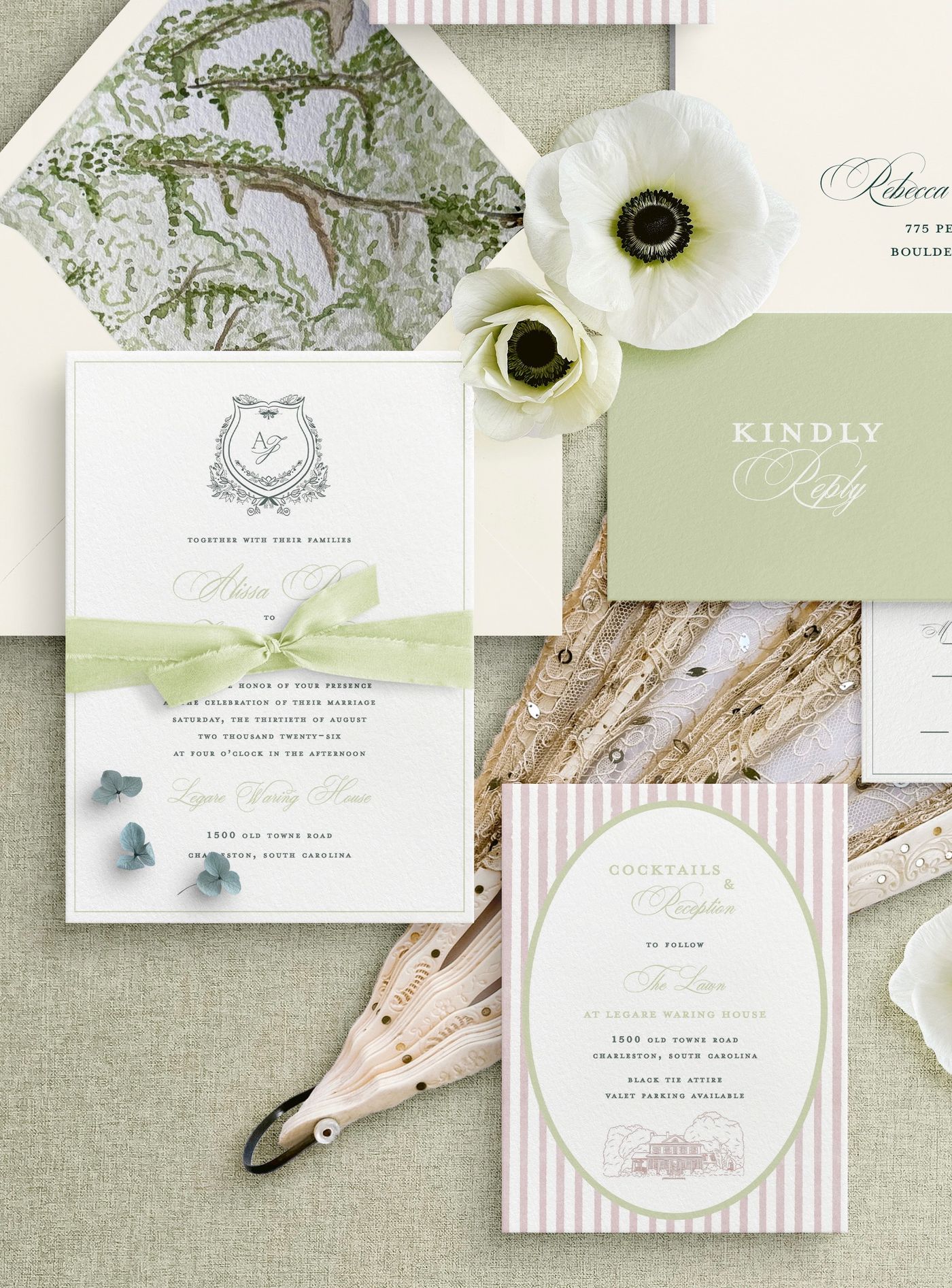 Legare Waring House invitation with sage silk ribbon and striped reception card