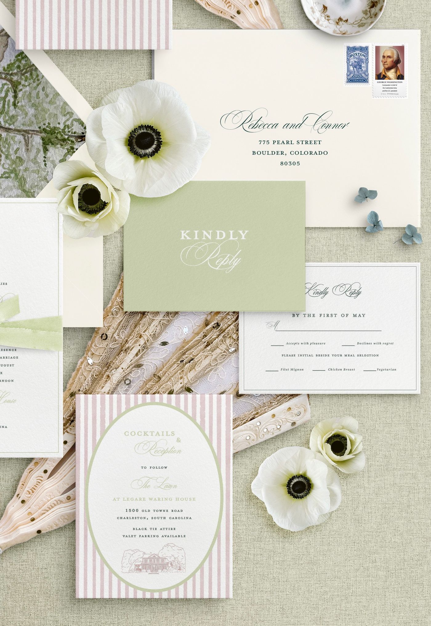 Sage reply card from the Legare Waring House Charleston wedding suite