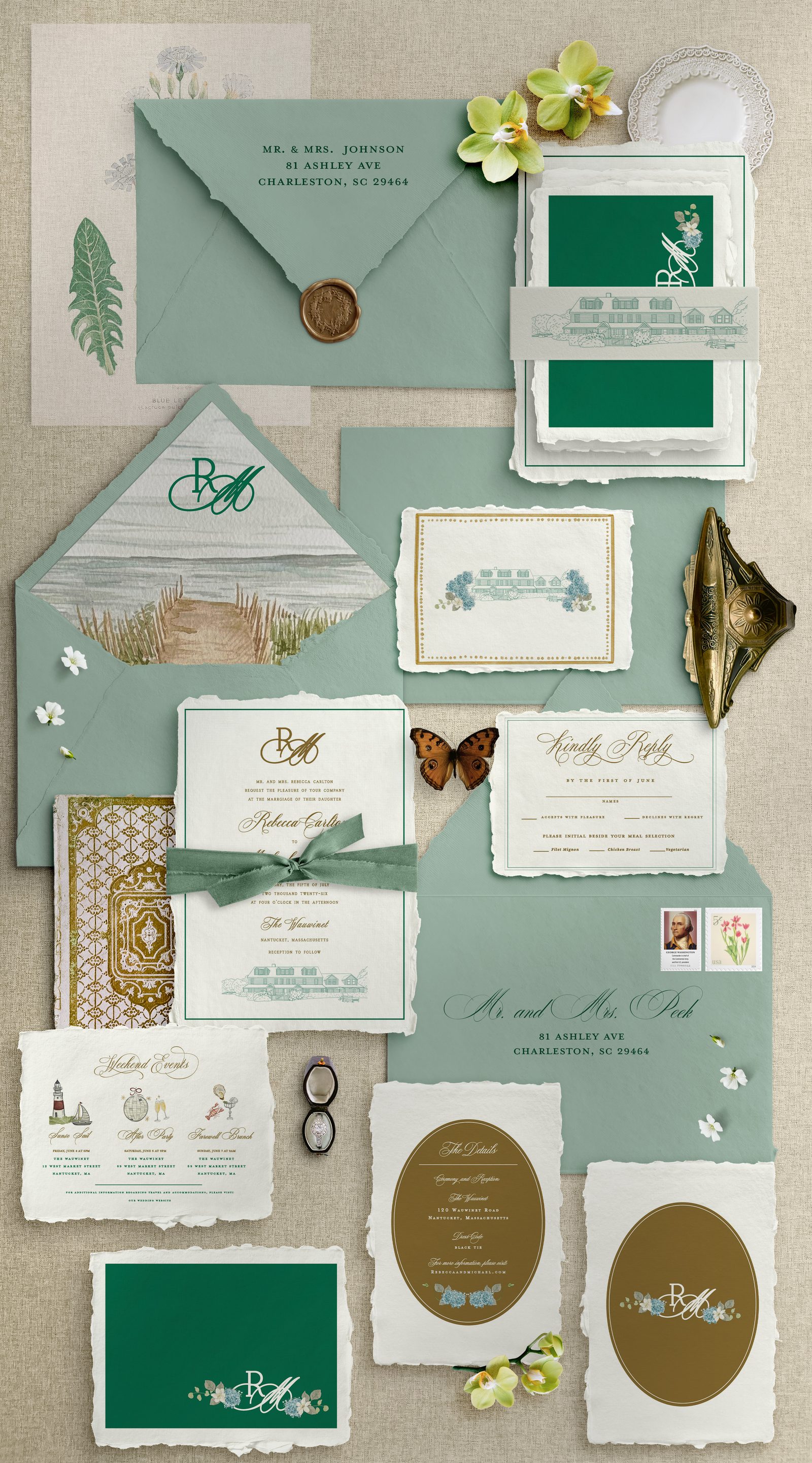 The Wauwinet Nantucket wedding invitation suite with handmade paper, watercolor coastal liner, custom monogram, and silk ribbon
